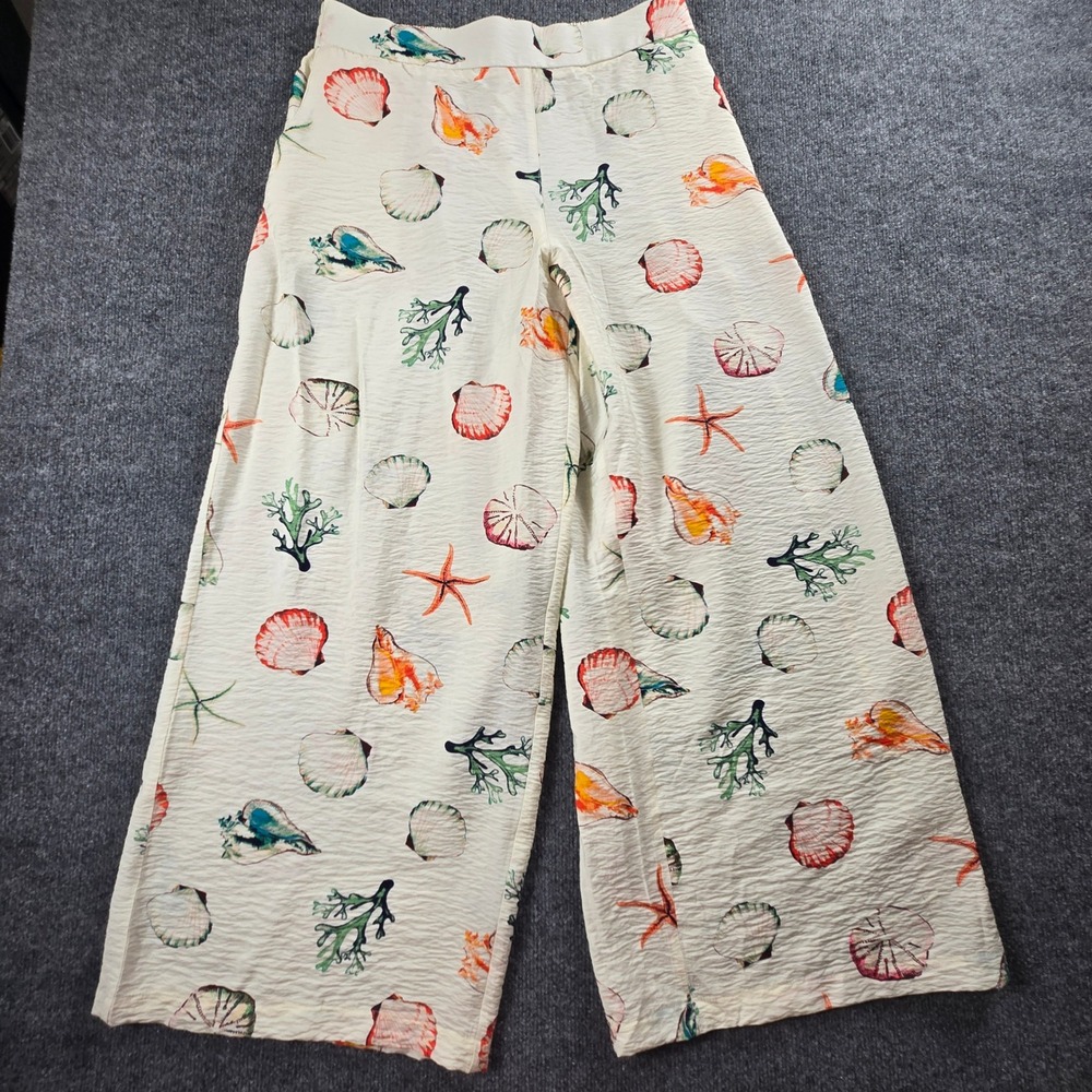 Lane Bryant Seashell‎ Print Wide Leg Pants Womens M Cream Coastal Beach (B10)